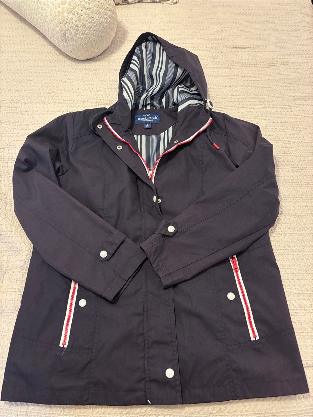 Mackintosh Navy Hooded Raincoat with Striped Lining